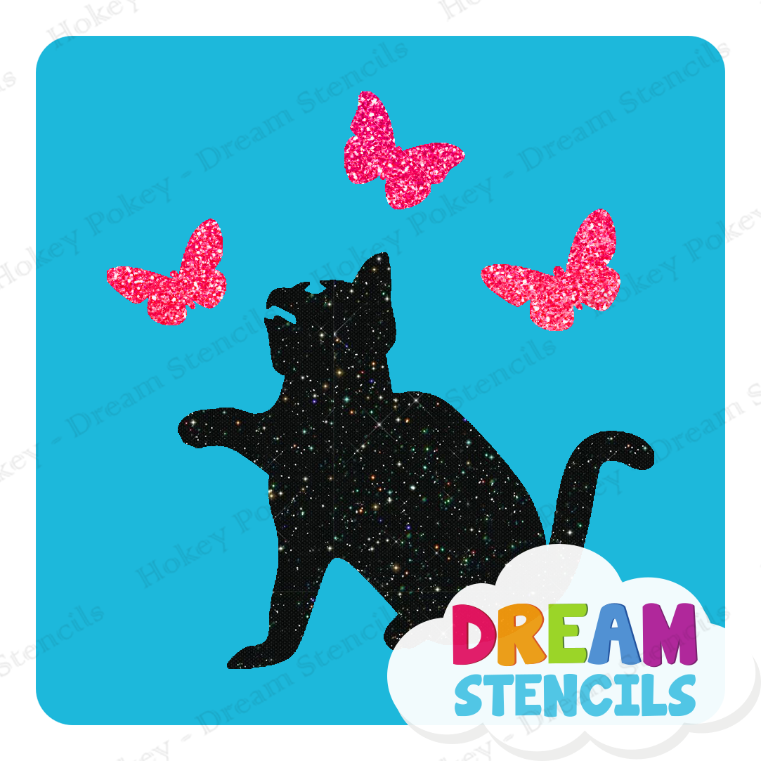 Picture of Sitting Cat With Butterflies - Vinyl Stencil - 199